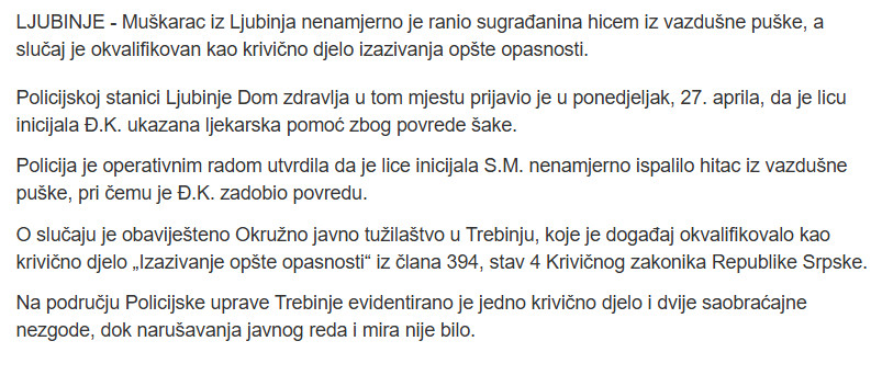 Bosnia-and-Herzegovina-avmp/Muskarac-u-Ljubinju-ranjen-iz-vazdusne-puske