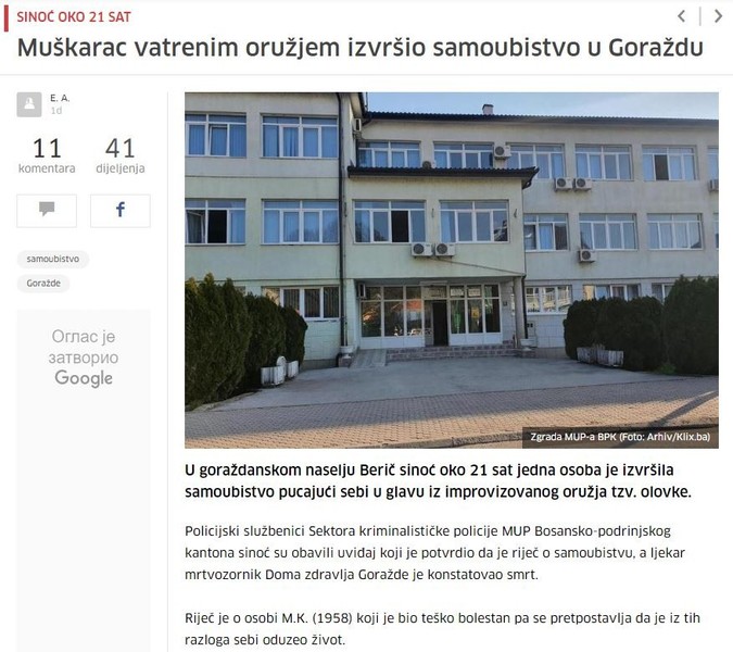 Bosnia-and-Herzegovina-avmp/Muskarac-vatrenim-oruzjem-izvrsio-samoubistvo-u-Gorazdu