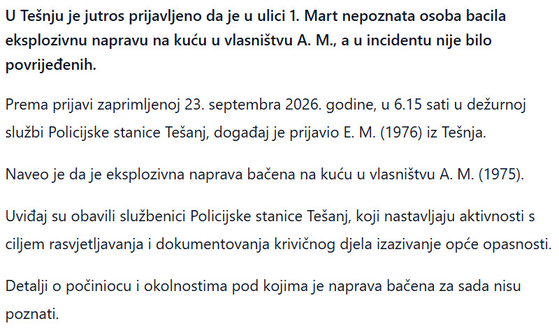 Bosnia-and-Herzegovina-avmp/Na-kucu-u-Tesnju-bacena-eksplozivna-naprava-policija-radi-na-rasvjetljavanju-slucaja_1