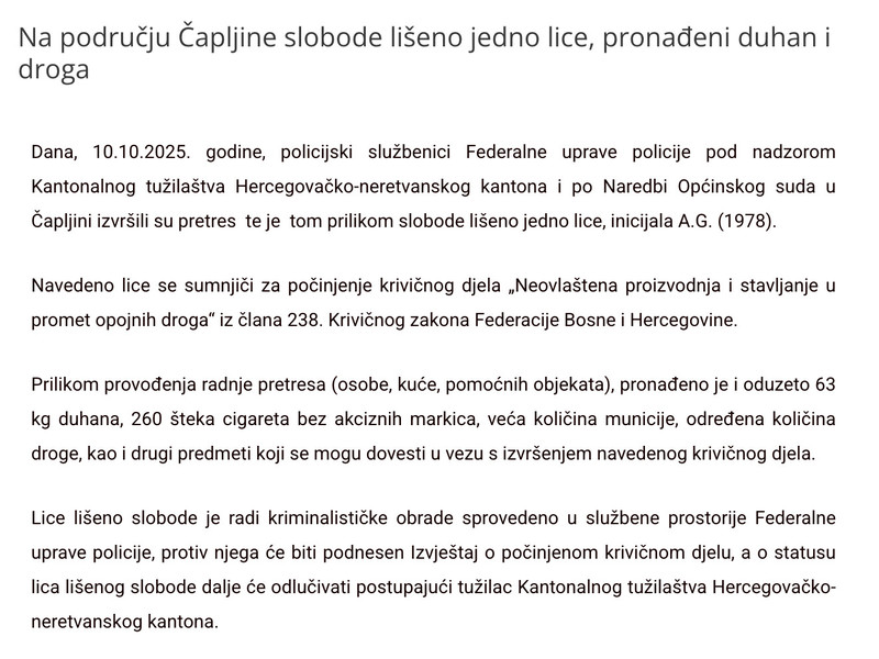 Bosnia-and-Herzegovina-avmp/Na-podrucju-Capljine-slobode-liseno-jedno-lice-pronadeni-duhan