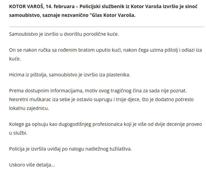 Bosnia-and-Herzegovina-avmp/Nezvanicno-Policijski-sluzbenik-iz-Kotor-Varosa-izvrsio-samoubistvo
