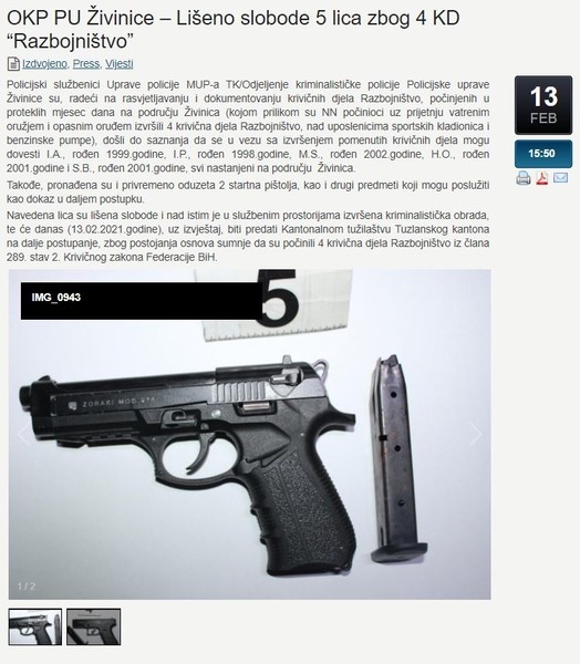 Bosnia-and-Herzegovina-avmp/OKP-PU-Zivinice--Liseno-slobode-5-lica-zbog-4-KD-Razbojnistvo-