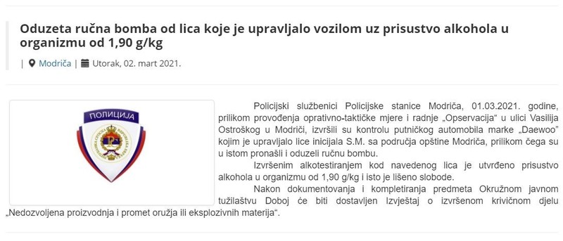 Bosnia-and-Herzegovina-avmp/Oduzeta-rucna-bomba-od-lica-koje-je-upravljalo-vozilom-uz-pris