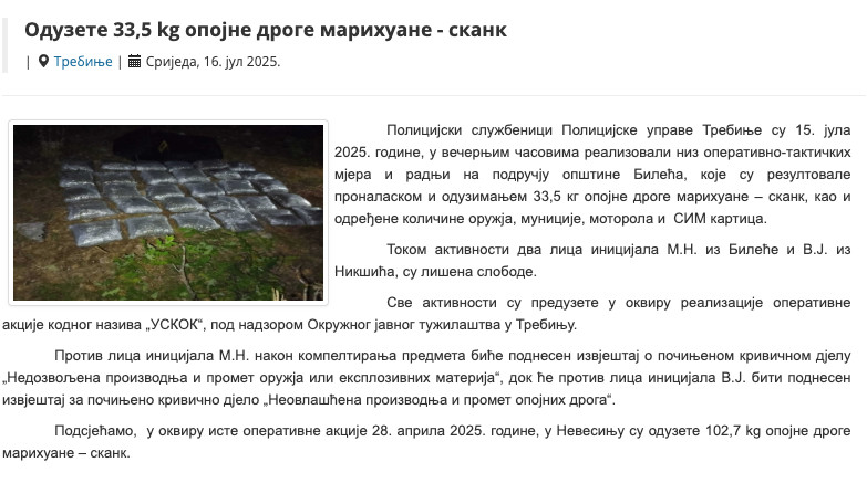 Bosnia-and-Herzegovina-avmp/Oduzete-335-kg-opojne-droge-marihuane-skank