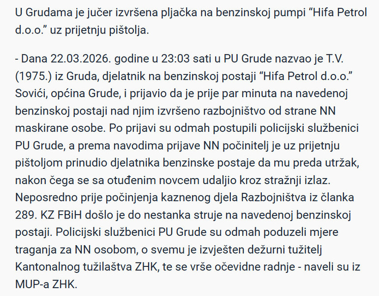 Bosnia-and-Herzegovina-avmp/Opljackana-benzinska-pumpa-u-Grudama-uz-prijetnju-pistoljem_1