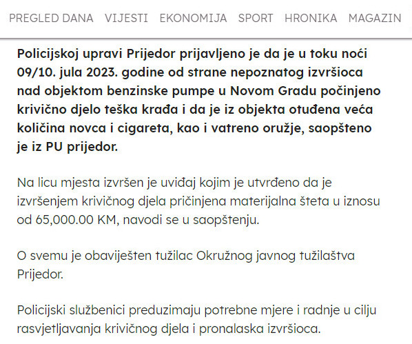 Bosnia-and-Herzegovina-avmp/Opljackana-benzinska-pumpa-u-Novom-Gradu