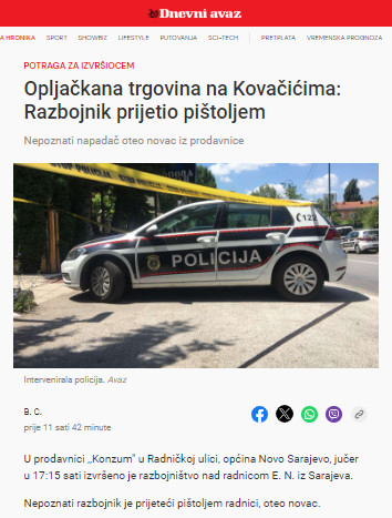 Bosnia-and-Herzegovina-avmp/Opljackana-trgovina-na-Kovacicima_-Razbojnik-prijetio-pistolje