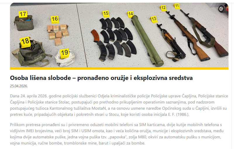 Bosnia-and-Herzegovina-avmp/Osoba-lisena-slobode--pronadeno-oruzje-i-eksplozivna-sredstva