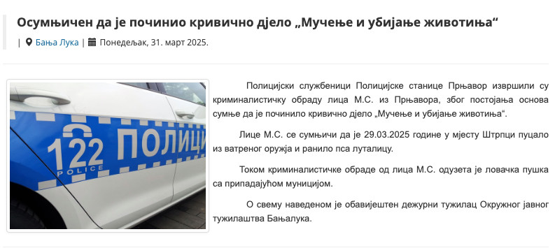 Bosnia-and-Herzegovina-avmp/Osumnjicen-da-je-pocinio-krivicno-delo-Mucenje-i-ubijanje-zivo