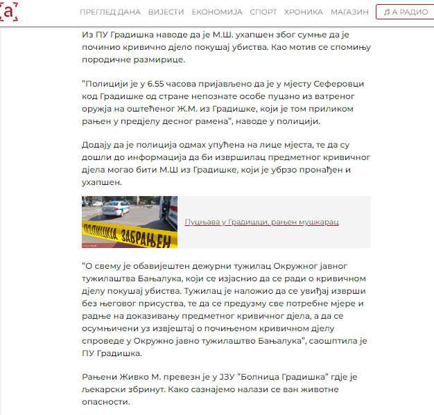 Bosnia-and-Herzegovina-avmp/PU-Gradiska-Muskarac-rajen-u-rame-uhapsen-sumceni-za-probaj-ubistva_1