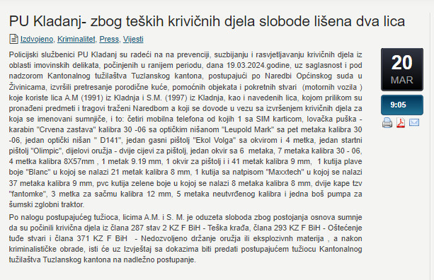 Bosnia-and-Herzegovina-avmp/PU-Kladanj--zbog-teskih-krivicnih-djela-slobode-lisena-dva-lic
