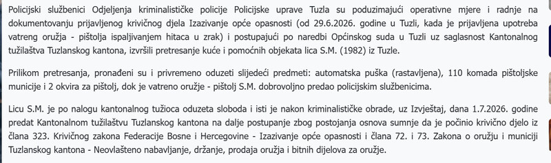 Bosnia-and-Herzegovina-avmp/PU-Tuzla---jednom-licu-oduzeta-sloboda-zbog-KD-Izvazivanje-opce-opasnosti-i-Neovlasteno-drzanje-oruzja-ili-eksplozivnih-naprava