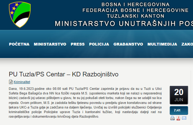 Bosnia-and-Herzegovina-avmp/PU-Tuzla_PS-Centar--KD-Razbojnistvo--Ministarstvo-unutrasnjih
