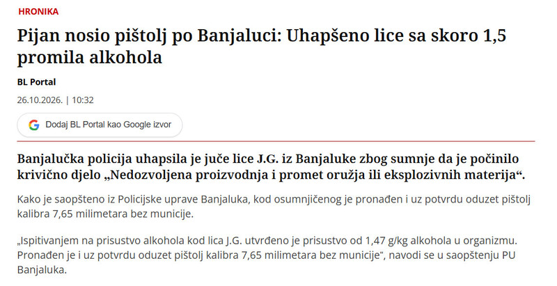 Bosnia-and-Herzegovina-avmp/Pijan-nosio-pistolj-po-Banjaluci-Uhapseno-lice-sa-skoro-15-promila-alkohola