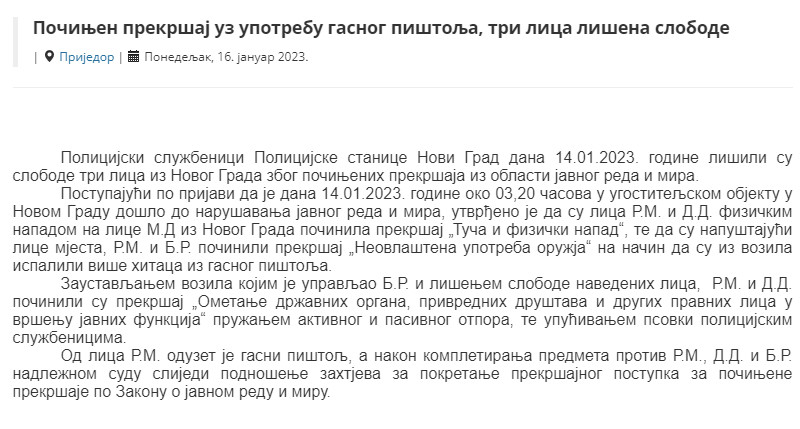 Bosnia-and-Herzegovina-avmp/Pocinjen-prekrsaj-uz-upotrebu-gasnog-pistolja-tri-lica-lisena-