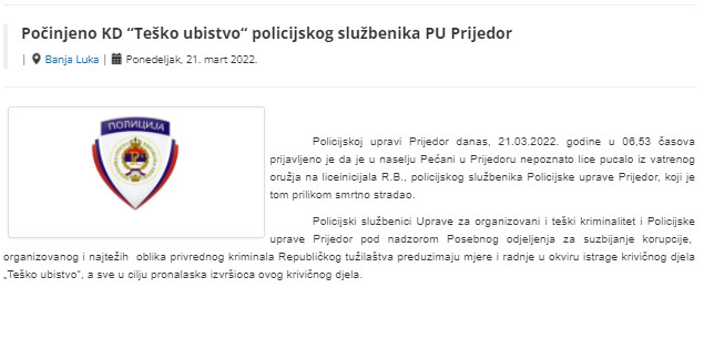 Bosnia-and-Herzegovina-avmp/Pocinjeno-KD-Tesko-ubistvo-policijskog-sluzbenika-PU-Prijedor