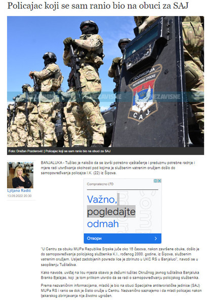 Bosnia-and-Herzegovina-avmp/Policajac-koji-se-sam-ranio-bio-na-obuci-za-SAJ