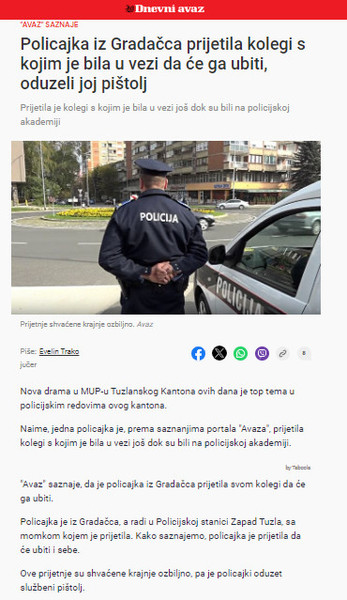 Bosnia-and-Herzegovina-avmp/Policajka-iz-Gradacca-prijetila-kolegi-s-kojim-je-bila-u-vezi-