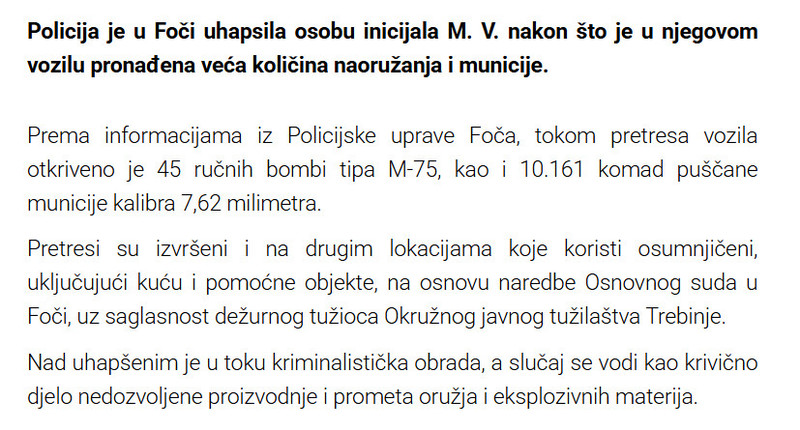 Bosnia-and-Herzegovina-avmp/Policija-kod-Focaka-pronasla-45-rucnih-bombi-i-puscanu-municiju_1