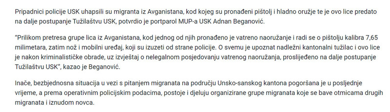 Bosnia-and-Herzegovina-avmp/Policija-kod-migranta-iz-Avganistana-pronasla-pistolj-i-noz---