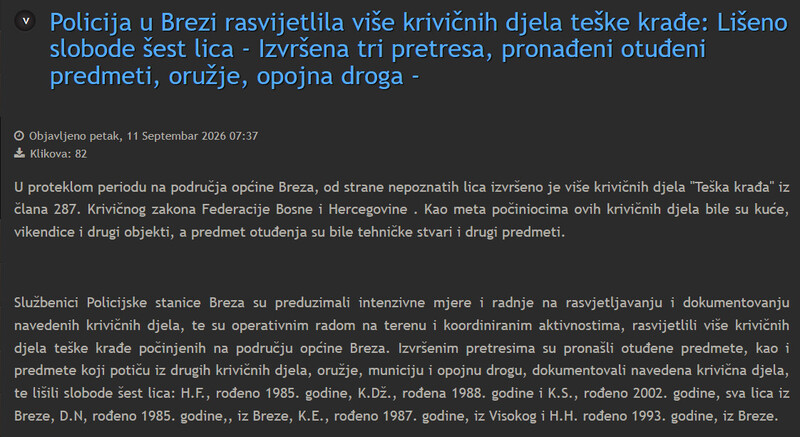 Bosnia-and-Herzegovina-avmp/Policija-u-Brezi-rasvijetlila-vise-krivicnih-djela-teske-krade-Liseno-slobode-sest-lica---Izvrsena-tri-pretresa-pronadeni-otudeni-predmeti-oruzje-opojna-droga--_1