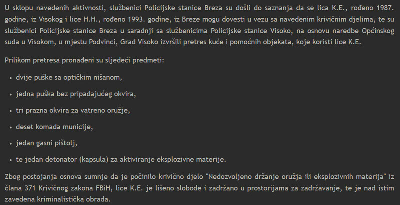 Bosnia-and-Herzegovina-avmp/Policija-u-Brezi-rasvijetlila-vise-krivicnih-djela-teske-krade-Liseno-slobode-sest-lica---Izvrsena-tri-pretresa-pronadeni-otudeni-predmeti-oruzje-opojna-droga--