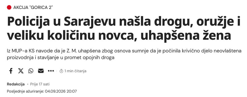 Bosnia-and-Herzegovina-avmp/Policija-u-Sarajevu-nasla-drogu-oruzje-i-veliku-kolicinu-novca-uhapsena-zena