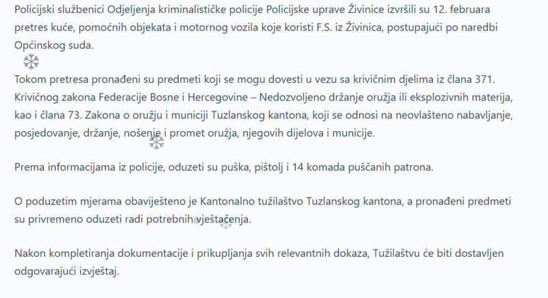 Bosnia-and-Herzegovina-avmp/Policija-u-Zivinicama-oduzela-oruzje-i-municiju