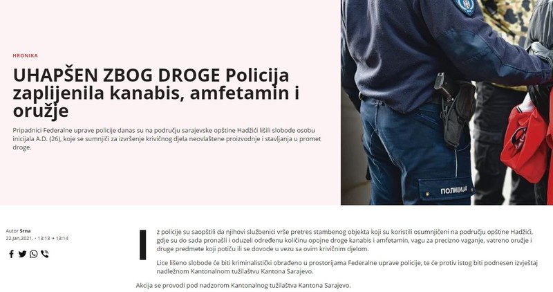 Bosnia-and-Herzegovina-avmp/Policija-zaplijenila-kanabis-amfetamin-i-oruzje