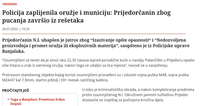Bosnia-and-Herzegovina-avmp/Policija-zaplijenila-oruzje-i-municiju_-Prijedorcanin-zbog-puc