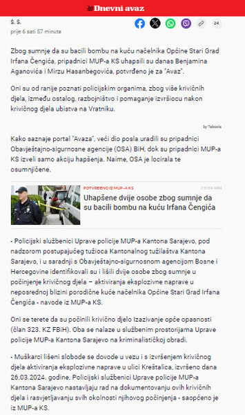 Bosnia-and-Herzegovina-avmp/Poznat-identitet-osoba-koje-su-bacile-bombu-na-kucu-Irfana-Cen
