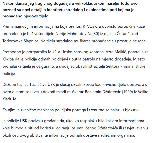 Bosnia-and-Herzegovina-avmp/Poznat-identitet-stradalog-kod-Velike-Kladuse-U-naselju-Todorovo-ubijen-Nurija-Mahmutovic_1