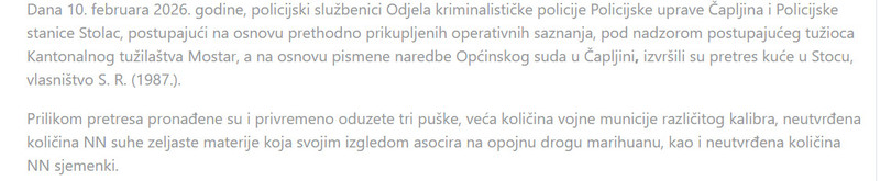 Bosnia-and-Herzegovina-avmp/Pretres-u-Stocu-pronadeni-oruzje-municija-i-materija-koja-asocira-na-opojnu-drogu