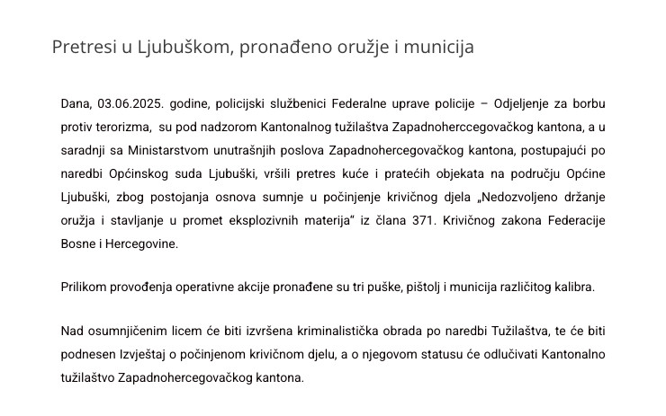 Bosnia-and-Herzegovina-avmp/Pretresi-u-Ljubuskom-pronadeno-oruzje-i-municija--FEDERALNA-UP