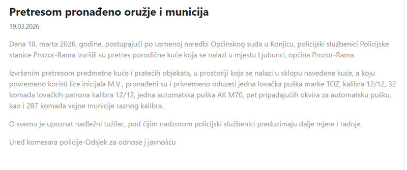 Bosnia-and-Herzegovina-avmp/Pretresom-pronadeno-oruzje-i-municija