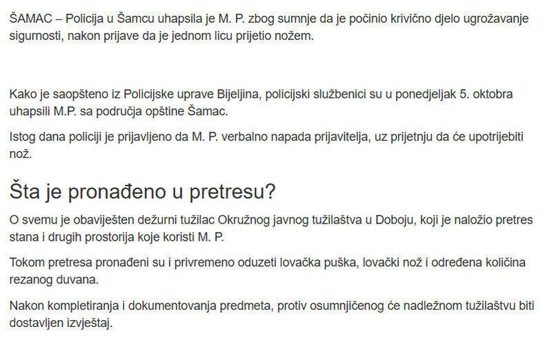 Bosnia-and-Herzegovina-avmp/Prijetio-nozem-policija-mu-pronasla-pusku-i-lovacki-noz