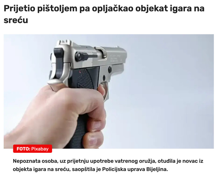 Bosnia-and-Herzegovina-avmp/Prijetio-pistoljem-pa-opljackao-objekat-igara-na-srecu