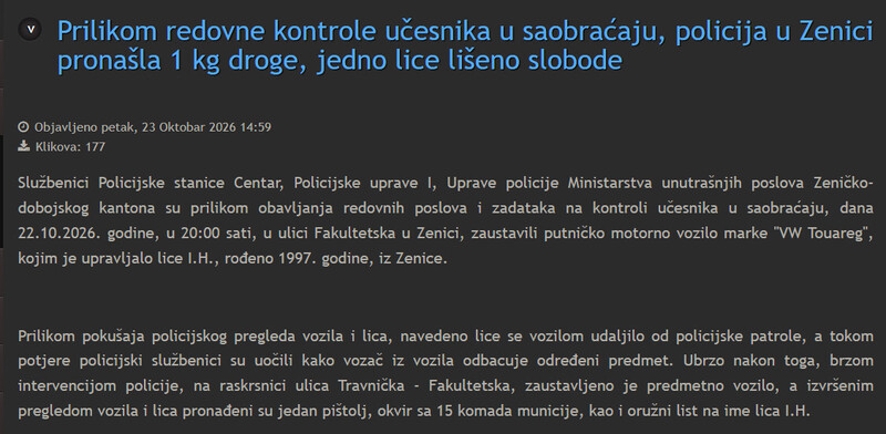Bosnia-and-Herzegovina-avmp/Prilikom-redovne-kontrole-ucesnika-u-saobracaju-policija-u-Zenici-pronasla-1-kg-droge-jedno-lice-liseno-slobode