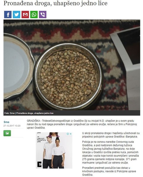 Bosnia-and-Herzegovina-avmp/Pronadena-droga-uhapseno-jedno-lice