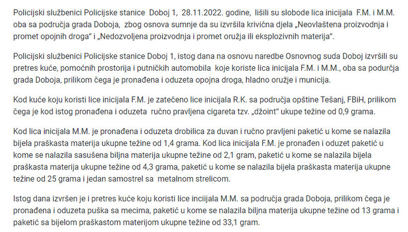 Bosnia-and-Herzegovina-avmp/Pronadena-i-oduzeta-opojna-droga-hladno-oruzje-i-municija