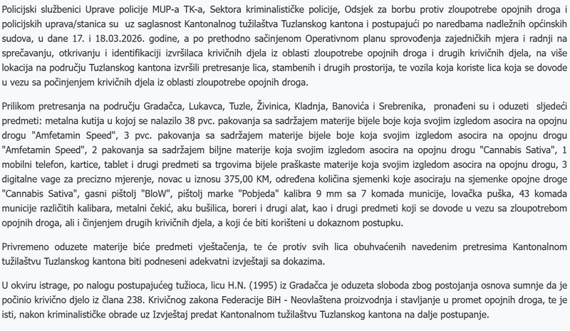 Bosnia-and-Herzegovina-avmp/Pronadena-opojna-droga-licu-iz-Gradacca-oduzeta-sloboda---predat-u-nadleznost-Tuzilastva