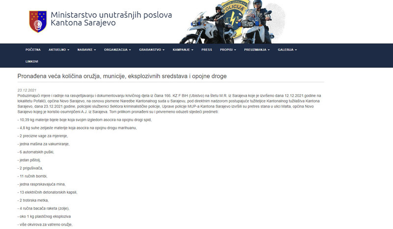 Bosnia-and-Herzegovina-avmp/Pronadena-veca-kolicina-oruzja-municije-eksplozivnih-sredstava