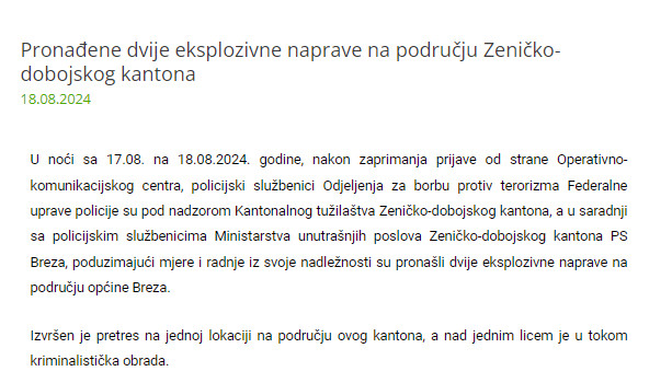 Bosnia-and-Herzegovina-avmp/Pronadene-dvije-eksplozivne-naprave-na-podrucju-Zenicko-dobojs