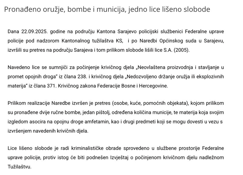 Bosnia-and-Herzegovina-avmp/Pronadeno-oruzje-bombe-i-municija-jedno-lice-liseno-slobode--F