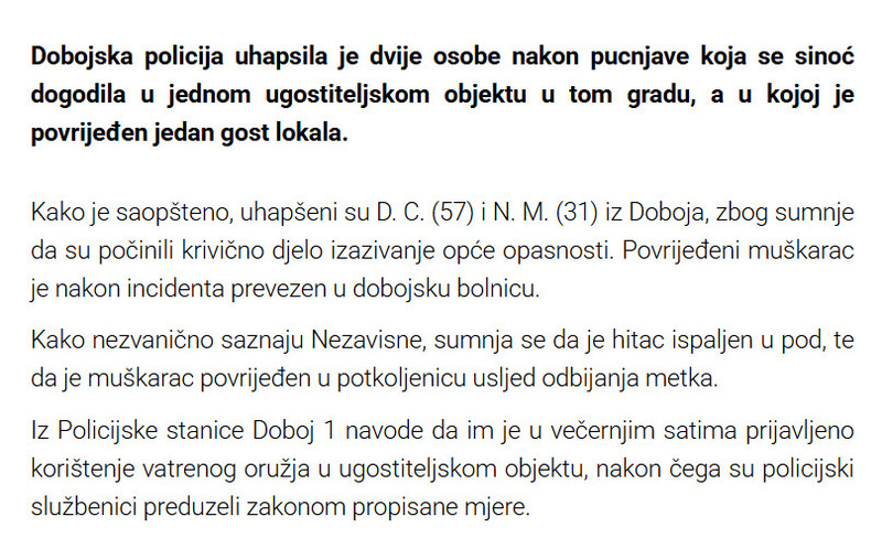 Bosnia-and-Herzegovina-avmp/Pucnjava-u-kaficu-u-Doboju-Uhapsene-dvije-osobe-jedan-gost-ranjen
