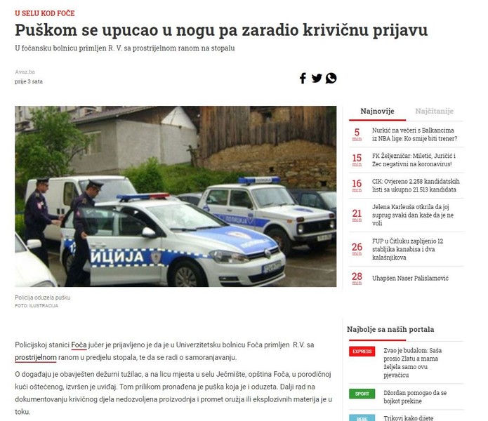 Bosnia-and-Herzegovina-avmp/Puskom-se-upucao-u-nogu-pa-zaradio-krivicnu-prijavu