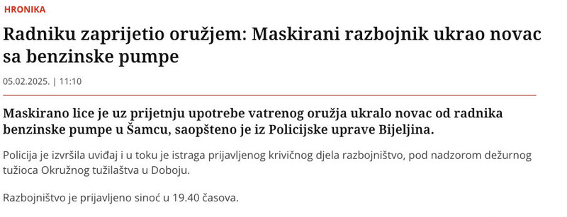 Bosnia-and-Herzegovina-avmp/Radniku-zaprijetio-oruzjem_-Maskirani-razbojnik-ukrao-novac-sa