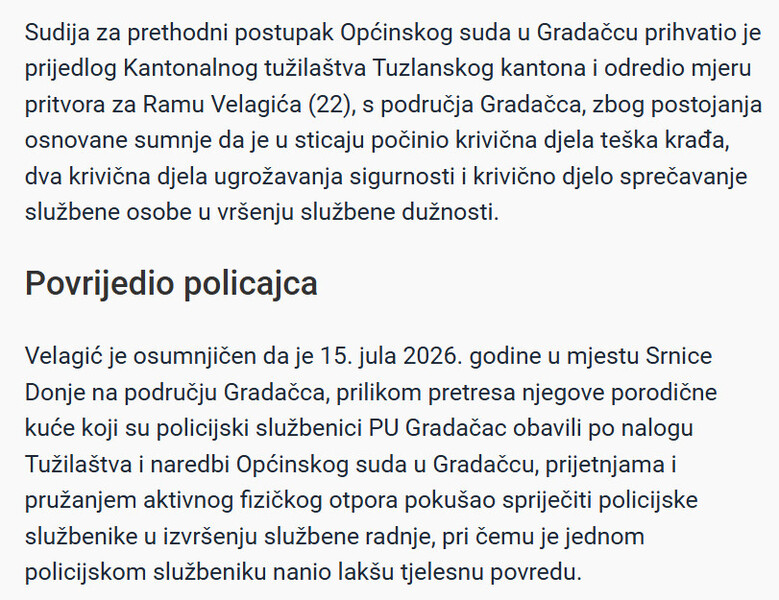 Bosnia-and-Herzegovina-avmp/Ramo-Velagic-22-iz-Gradacca-zavrsio-u-pritvoru-Sumnjici-se-za-kradu-prijetnje-i-napad-na-policajca_1