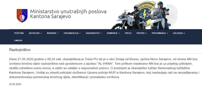 Bosnia-and-Herzegovina-avmp/Razbojnistvo-u-apoteci-u-Sarajevu