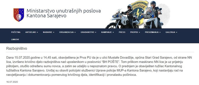 Bosnia-and-Herzegovina-avmp/Razbojnistvo-u-poslovnici-BH-posta-u-Sarajevu